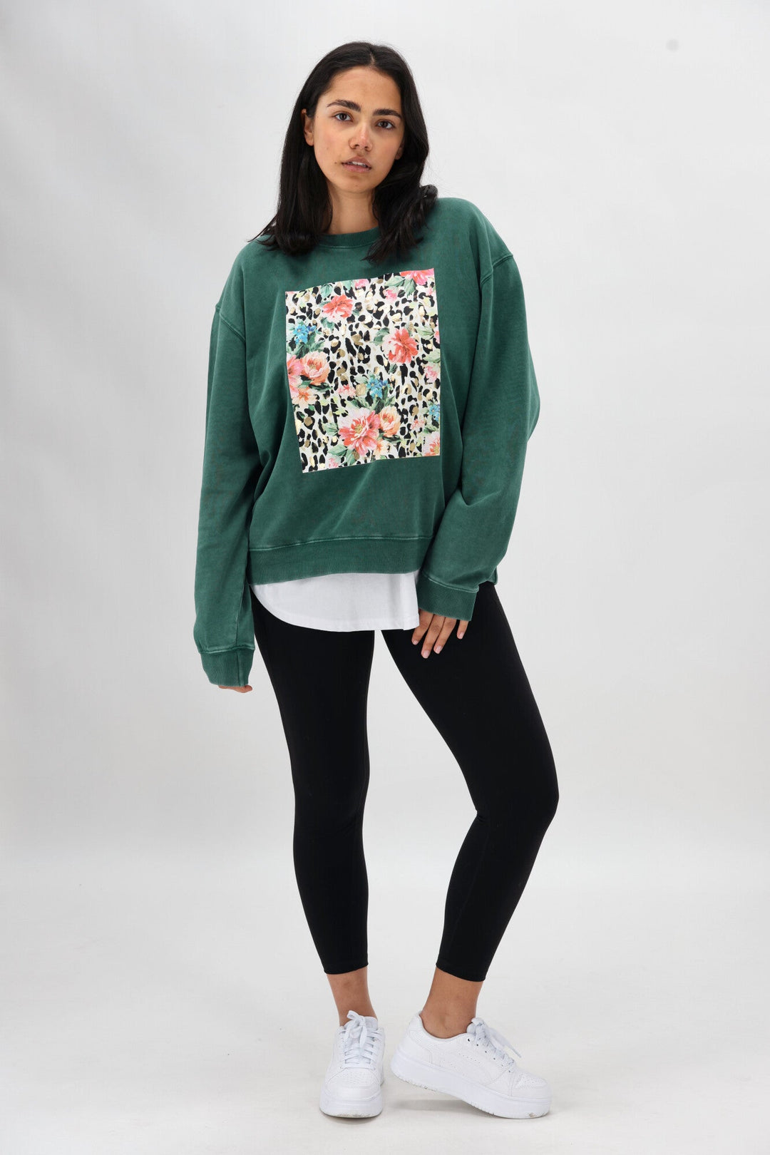 Rebel Club Leopard Dreams Block Crew Washed Green