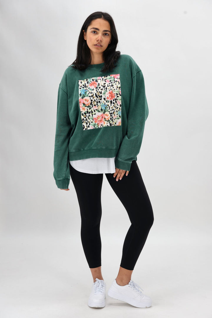 Rebel Club Leopard Dreams Block Crew Washed Green