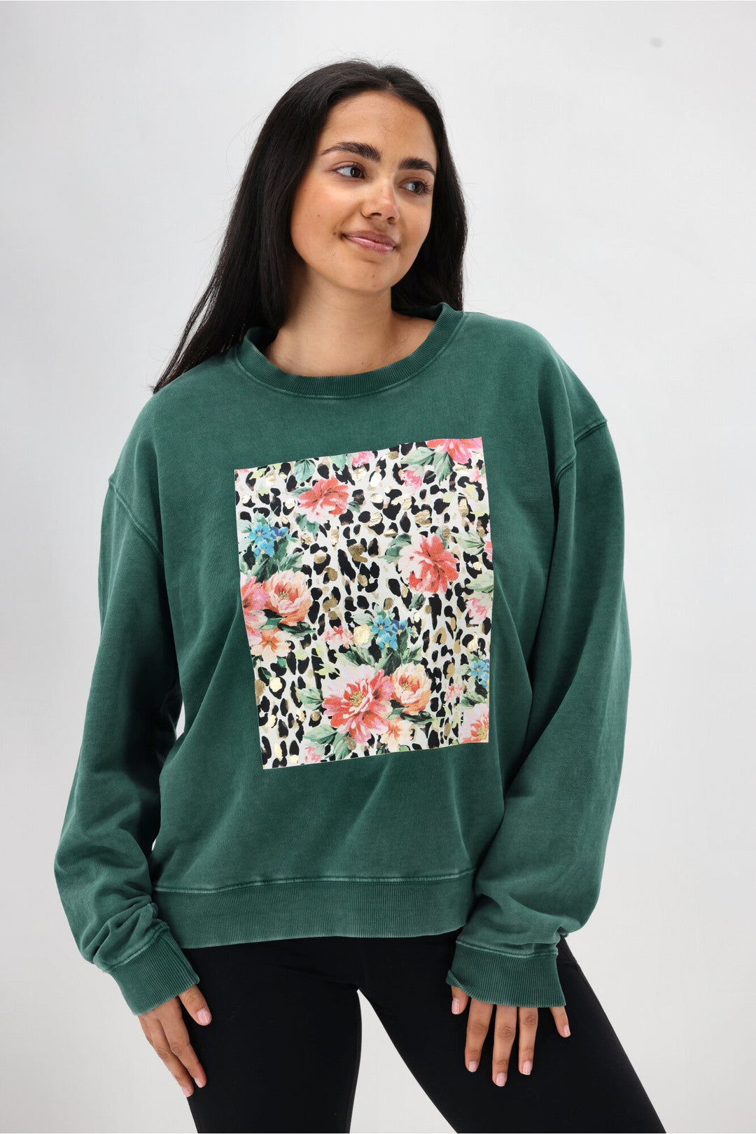 Rebel Club Leopard Dreams Block Crew Washed Green