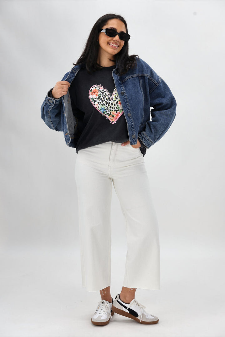 Rebel Club Leopard Dreams Heart Crew Washed Black