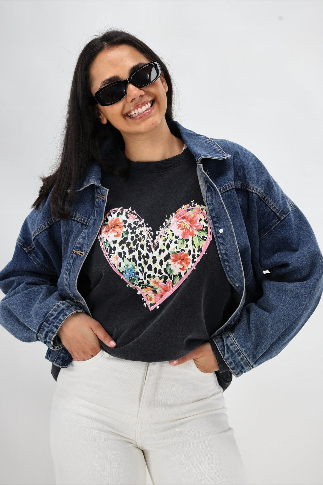 Rebel Club Leopard Dreams Heart Crew Washed Black