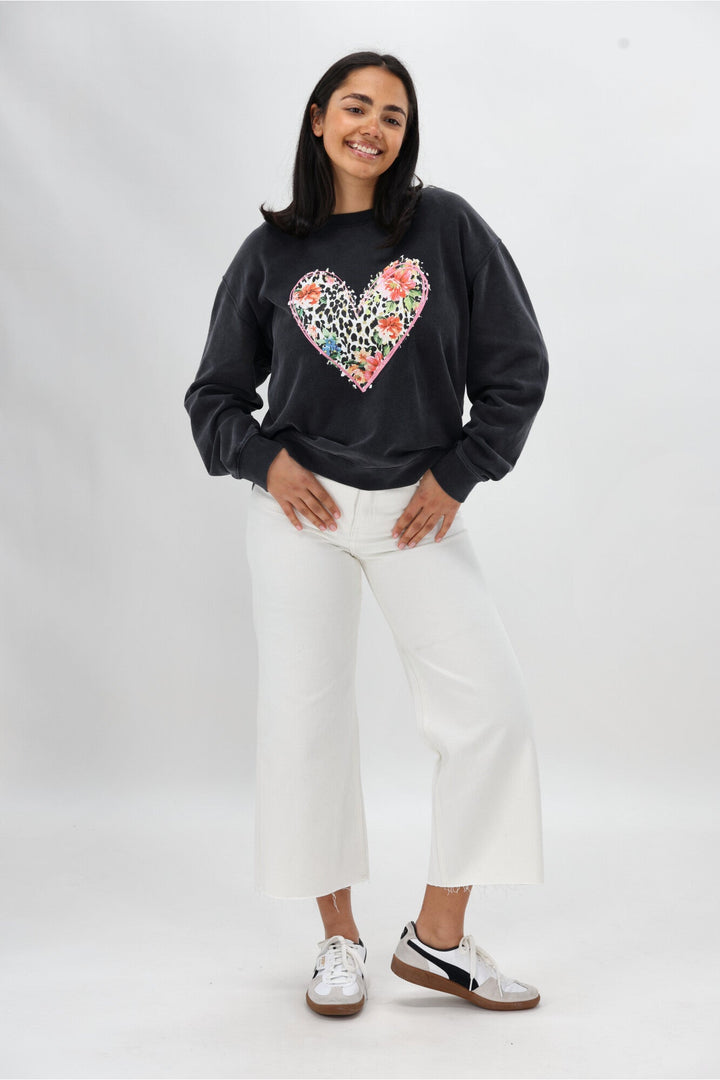 Rebel Club Leopard Dreams Heart Crew Washed Black