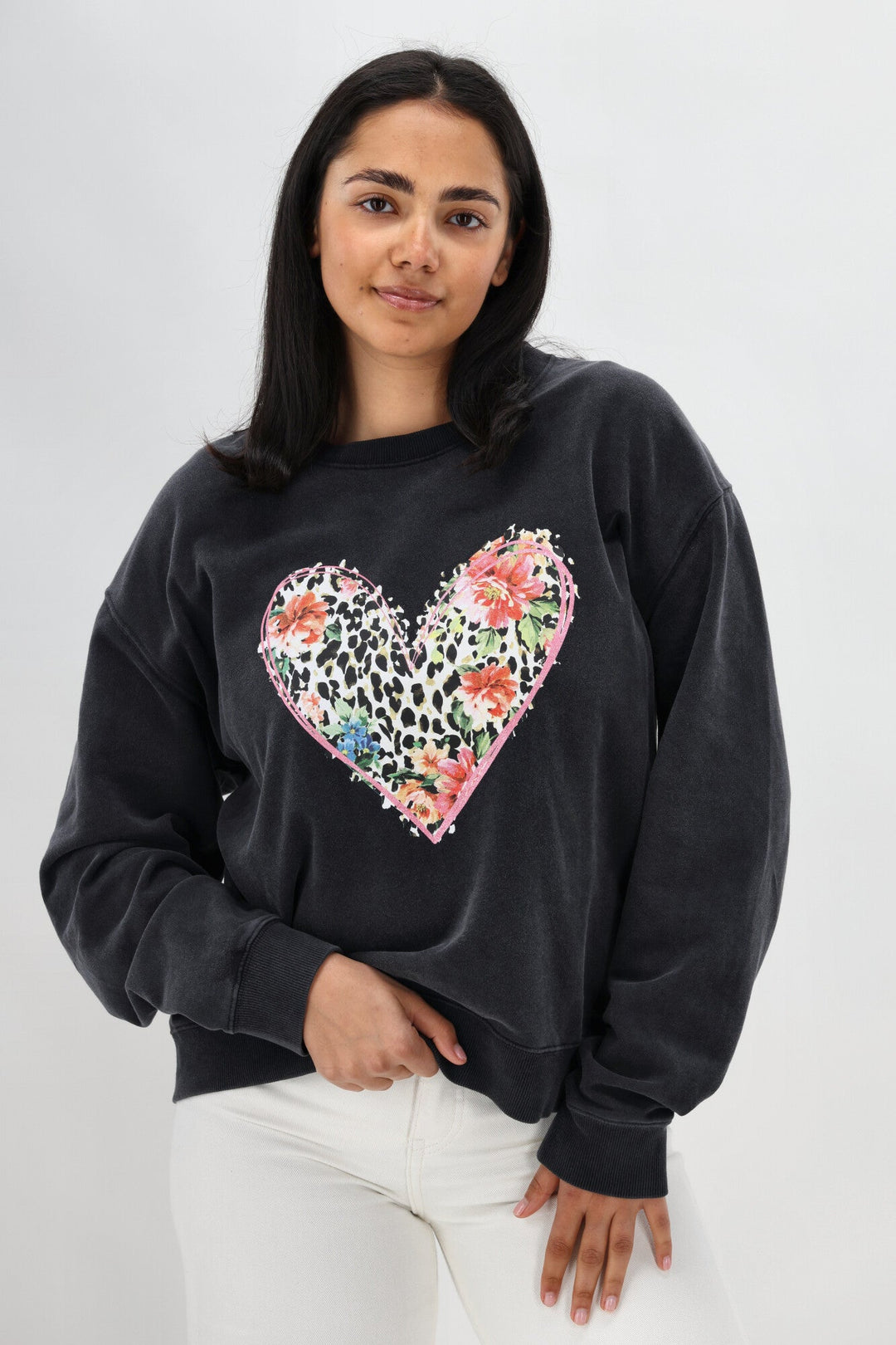 Rebel Club Leopard Dreams Heart Crew Washed Black