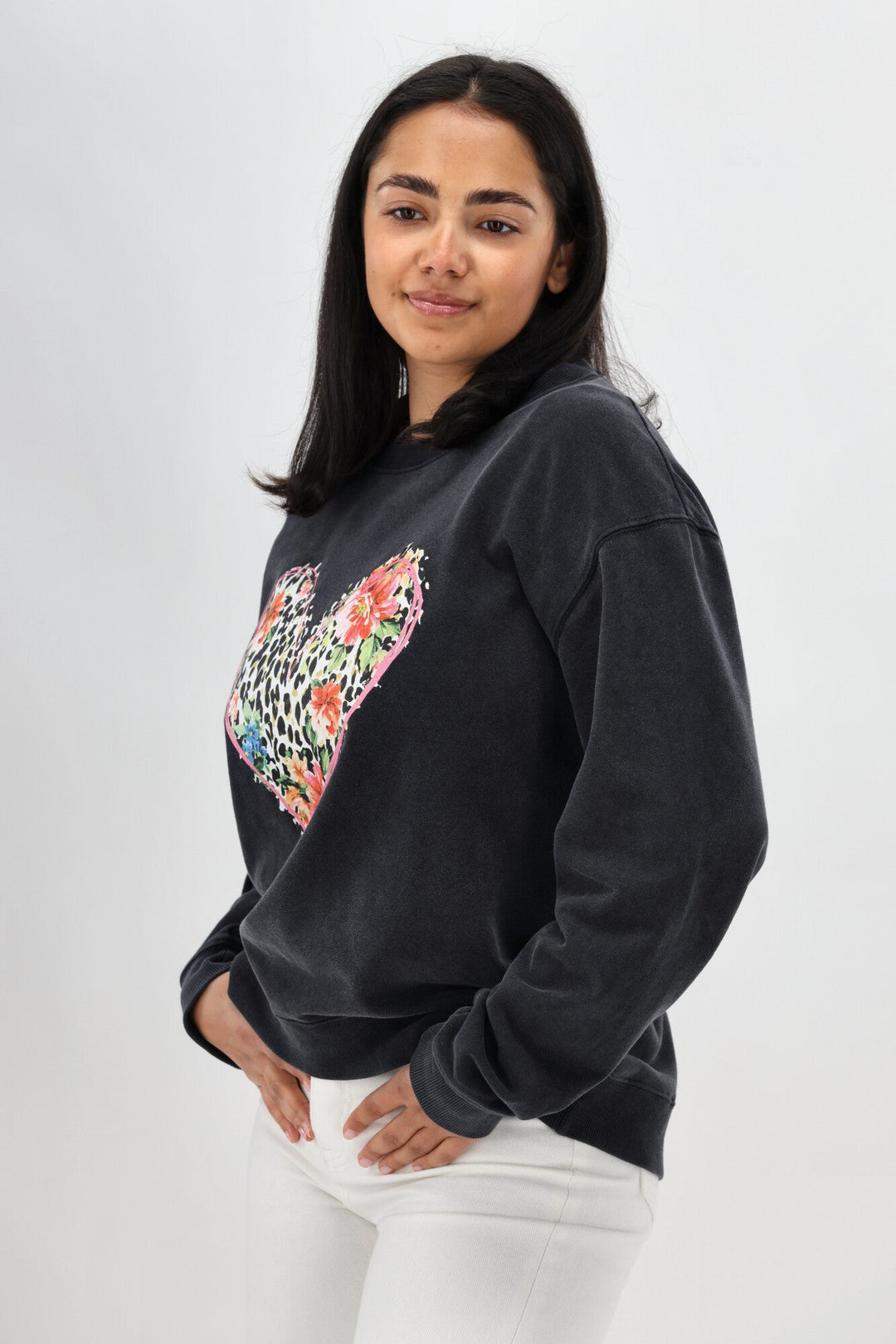 Rebel Club Leopard Dreams Heart Crew Washed Black