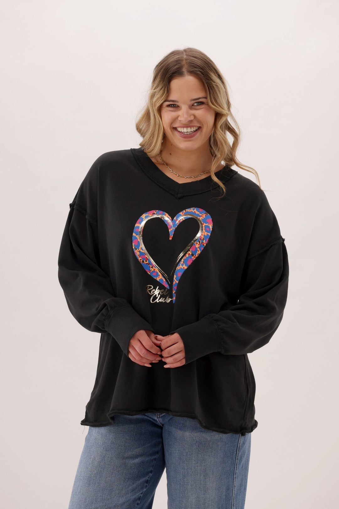 Rebel Club Love V Neck Sweater Washed Black