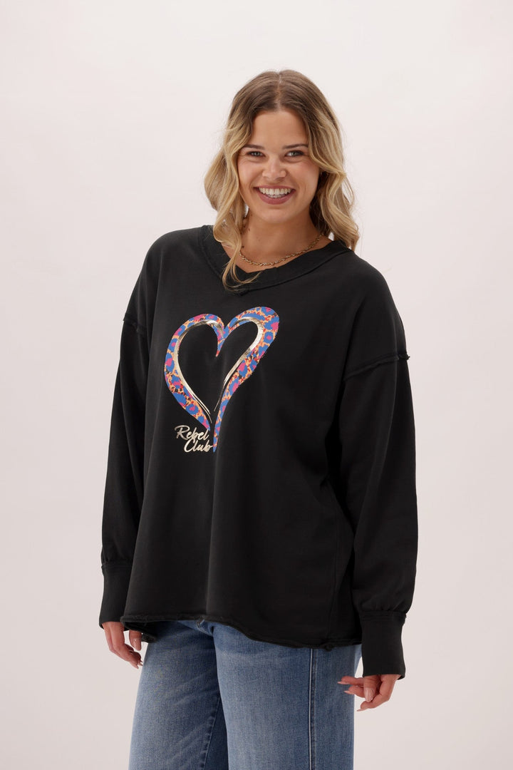 Rebel Club Love V Neck Sweater Washed Black