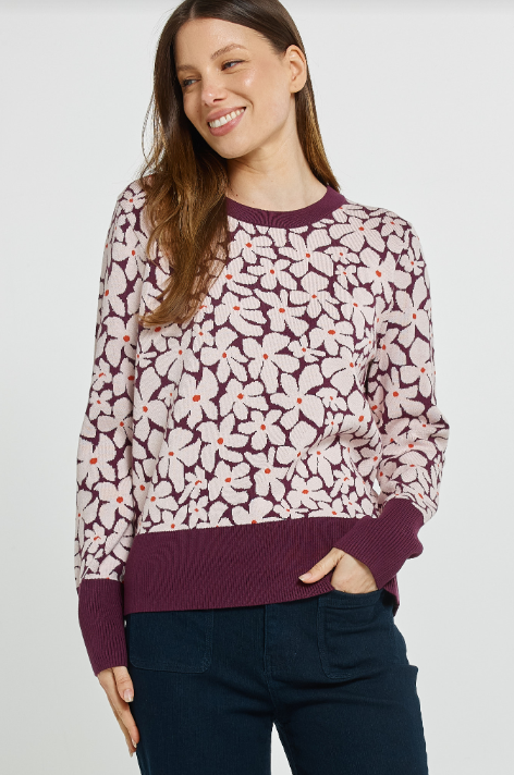 Betty Basics Maisie Sweater Wine Petal Jacquard