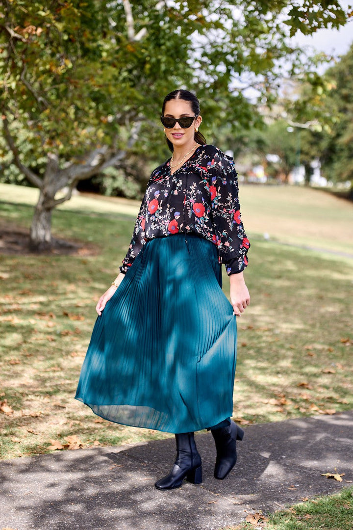 Gloss The Label Lula Variagated Pleated Skirt Petrol