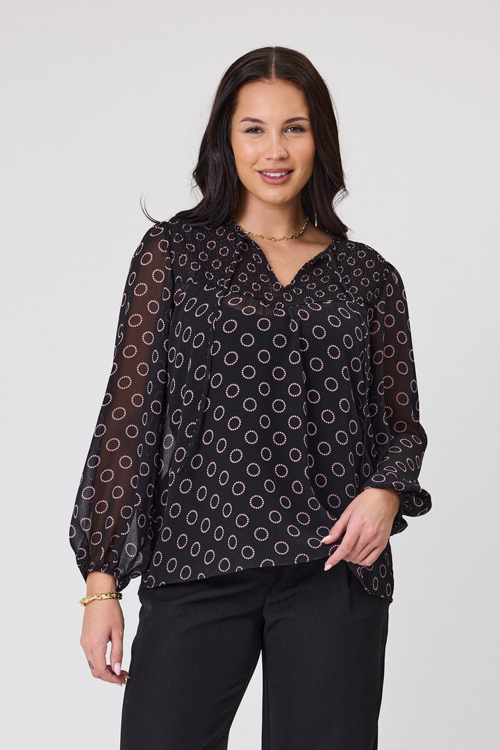 Gloss by Zara Shirred Neck Top Black Circle Print