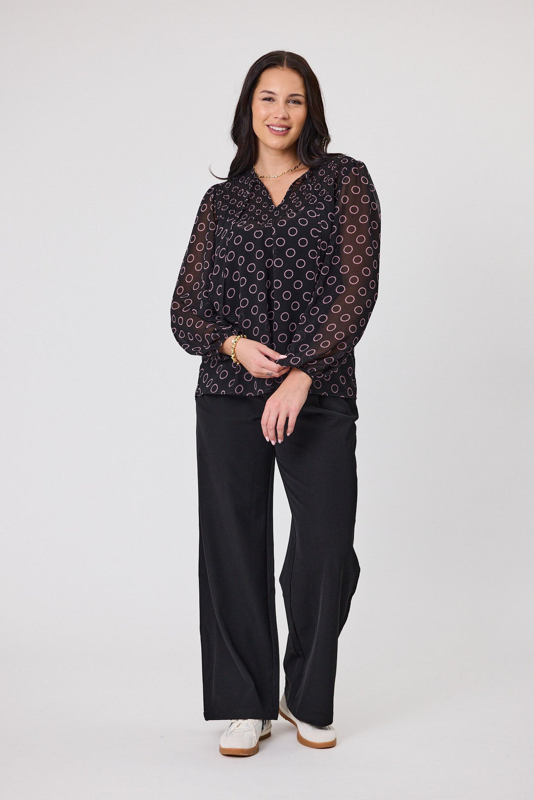 Gloss by Zara Shirred Neck Top Black Circle Print