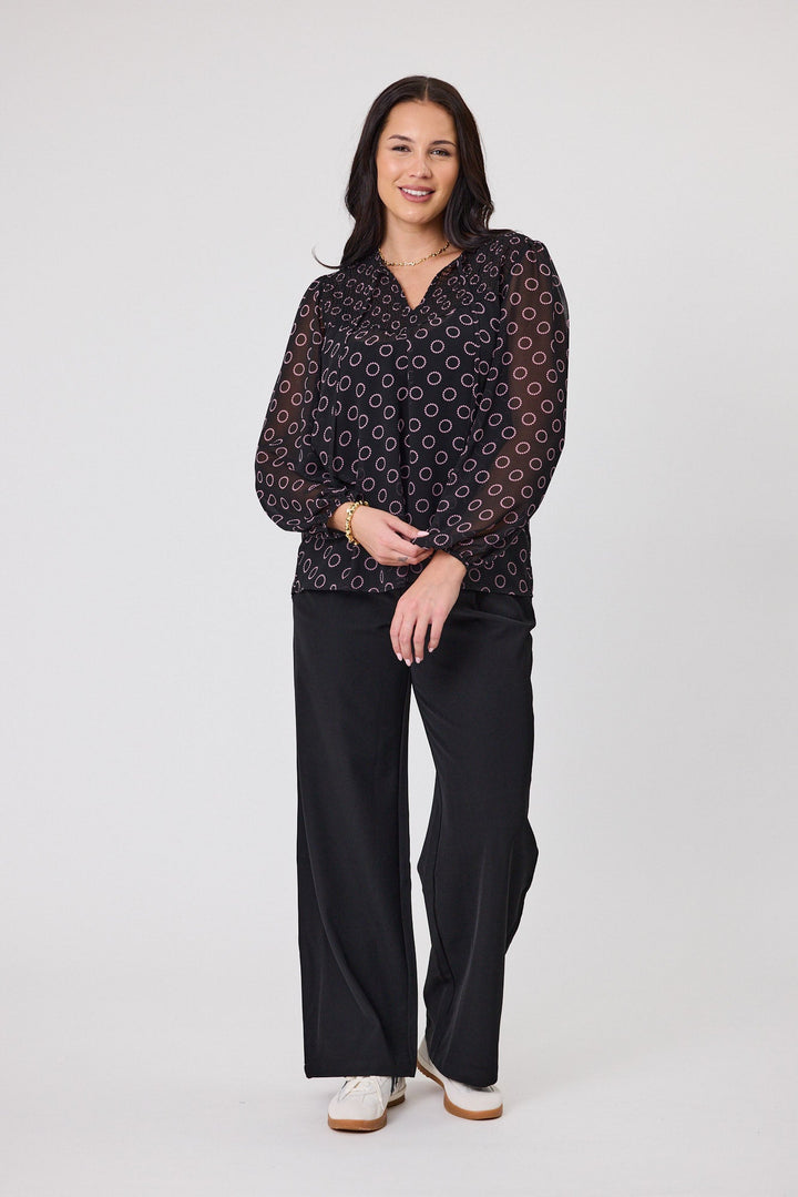 Gloss by Zara Shirred Neck Top Black Circle Print