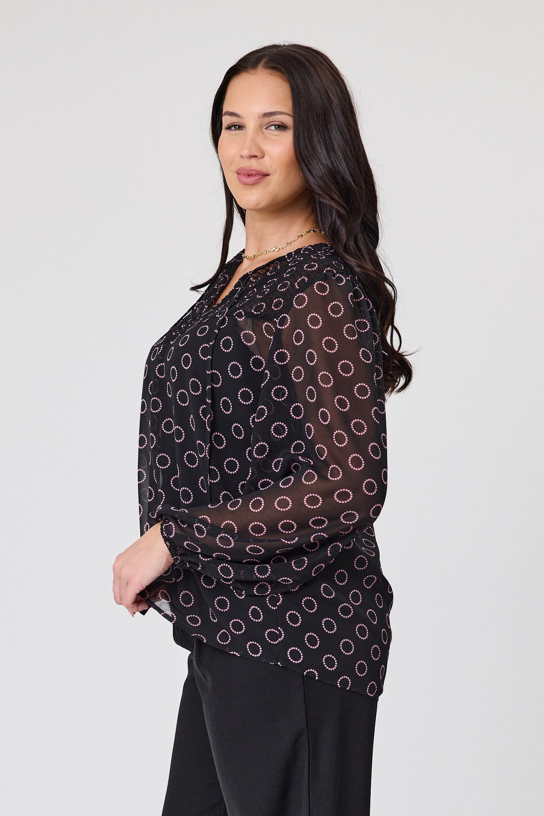 Gloss by Zara Shirred Neck Top Black Circle Print