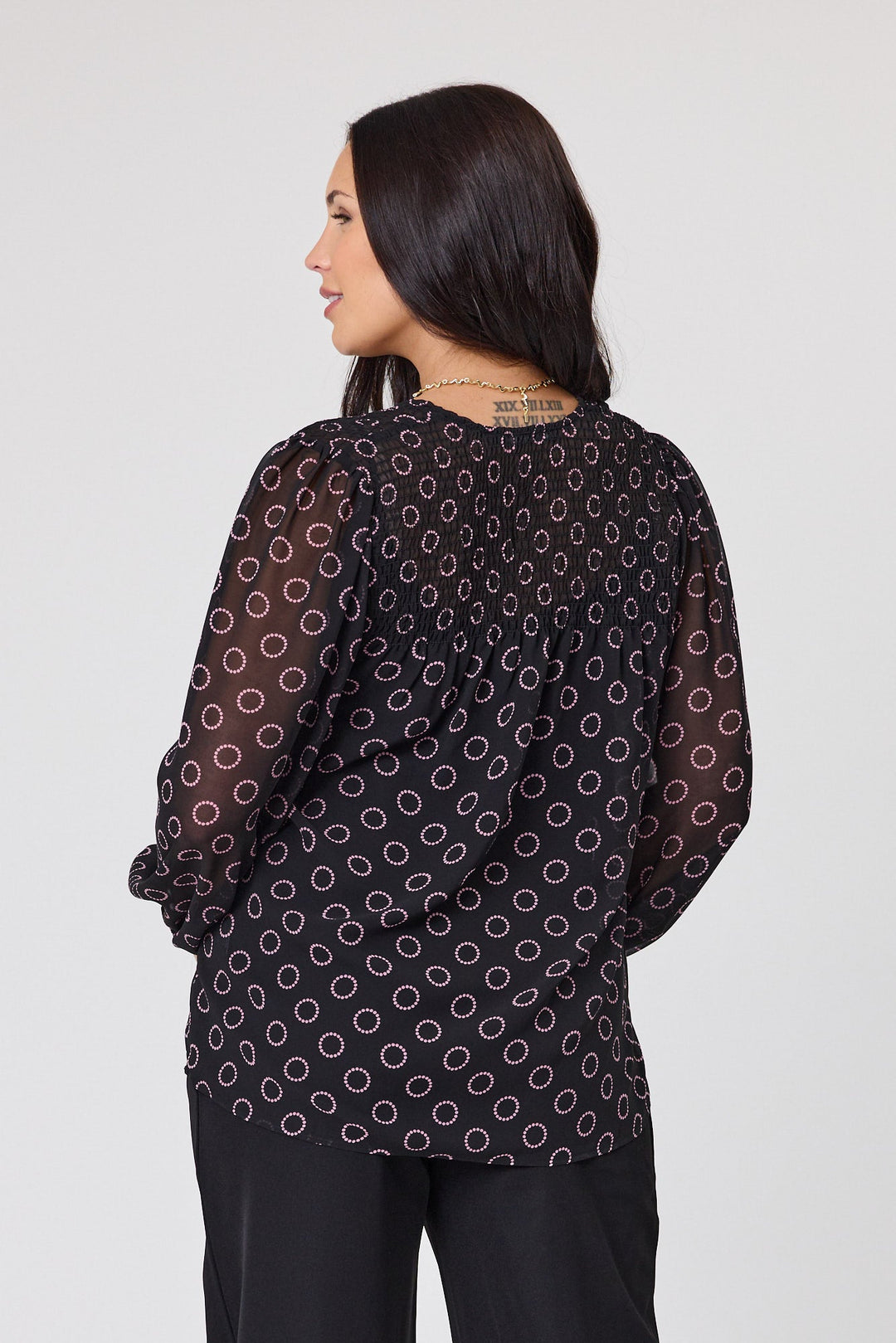 Gloss by Zara Shirred Neck Top Black Circle Print