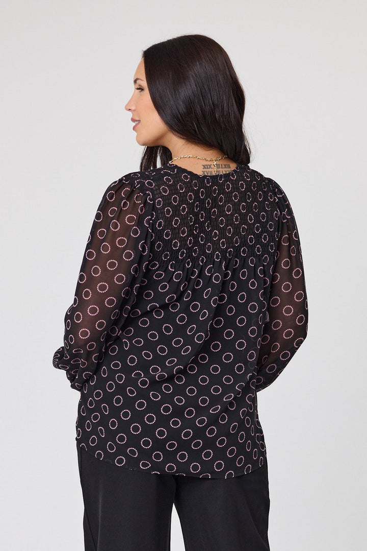 Gloss by Zara Shirred Neck Top Black Circle Print