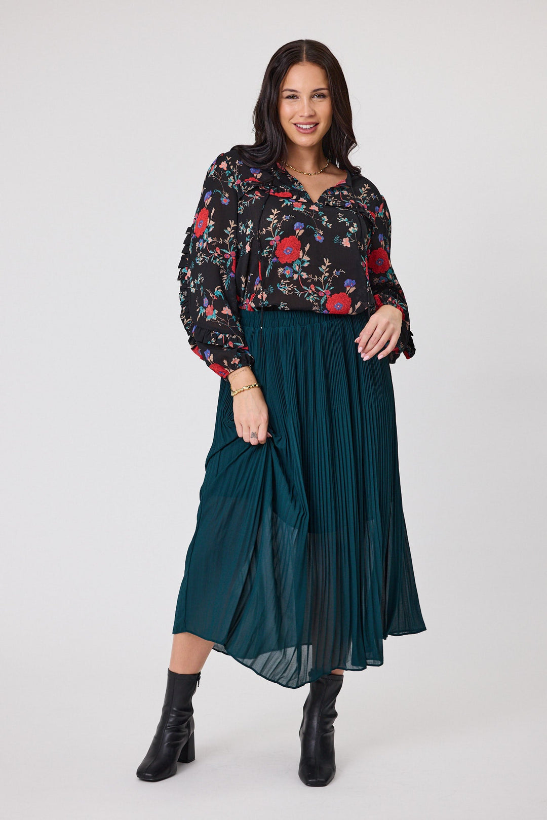 Gloss The Label Lula Variagated Pleated Skirt Petrol