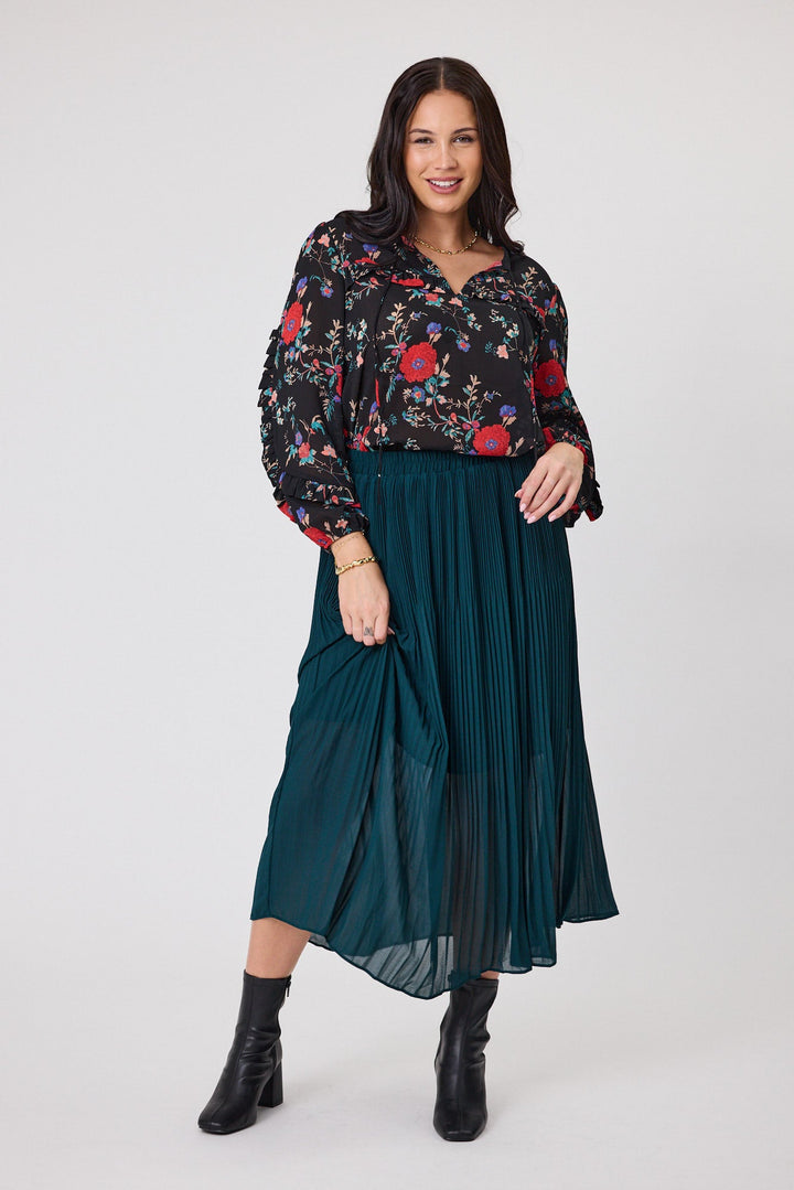 Gloss The Label Lula Variagated Pleated Skirt Petrol