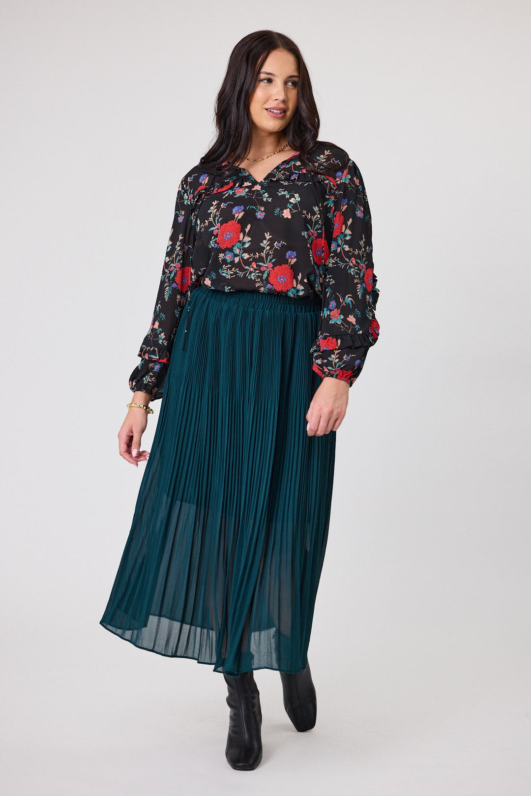 Gloss The Label Lula Variagated Pleated Skirt Petrol