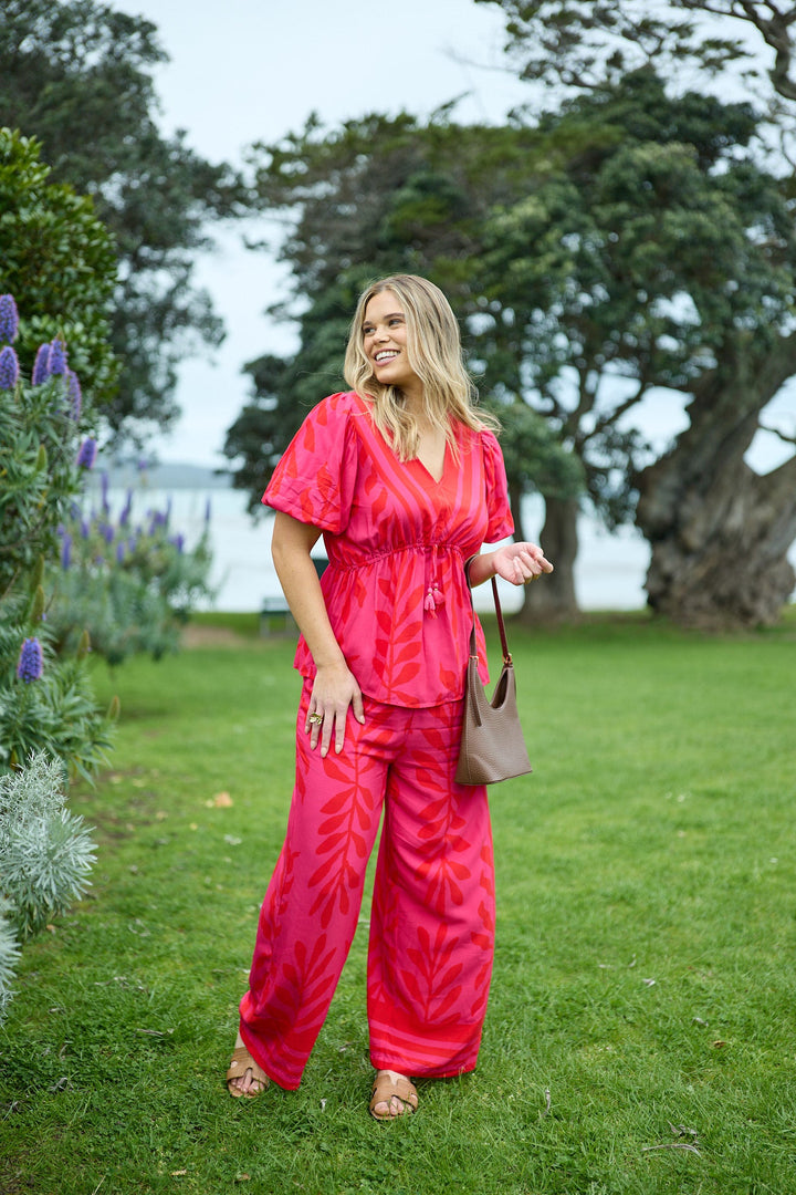 Sunday Boho Jamie Border Print Pant Fuchsia Lipstick