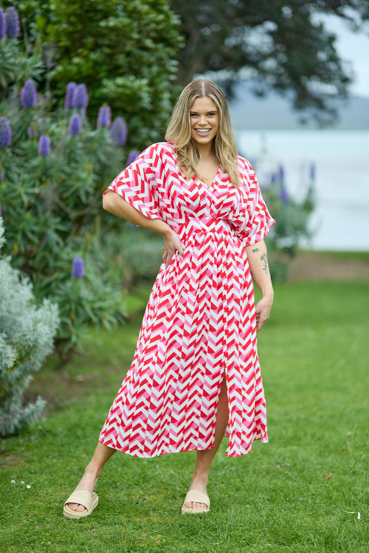 Label Morgan Kimono Dress Red Pink Geo
