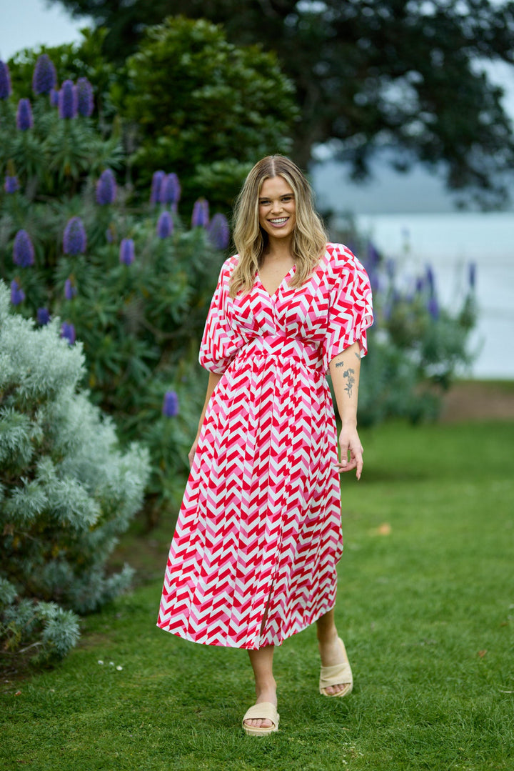 Label Morgan Kimono Dress Red Pink Geo