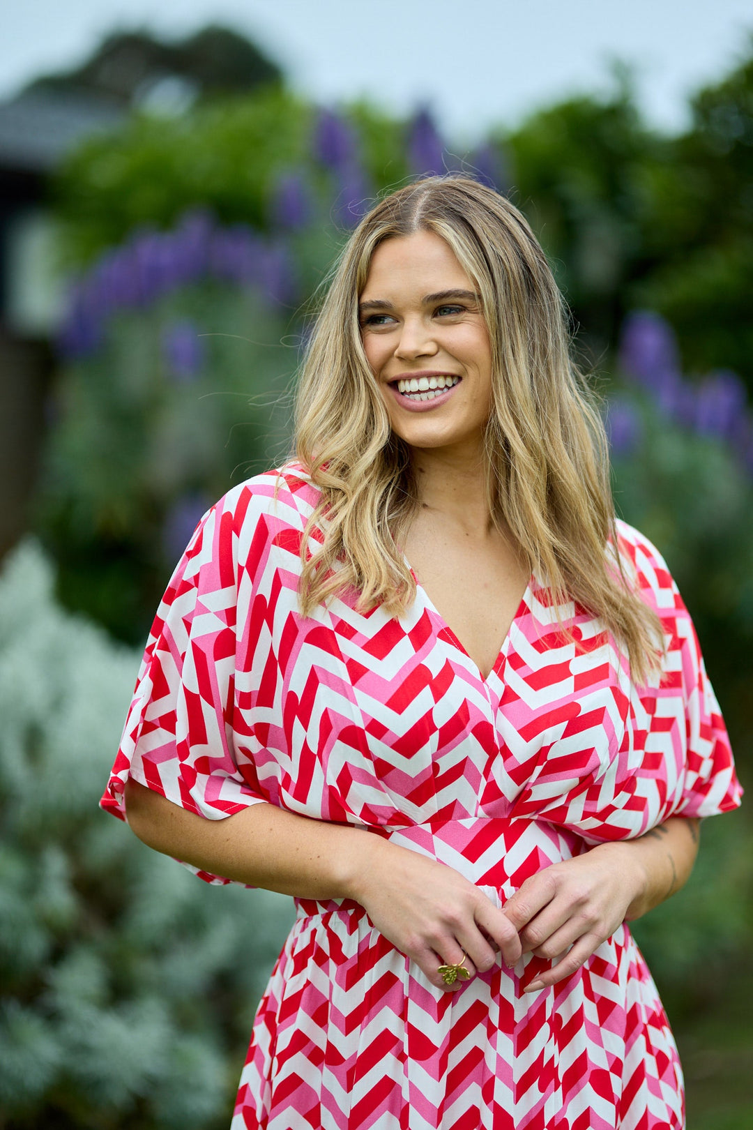 Label Morgan Kimono Dress Red Pink Geo