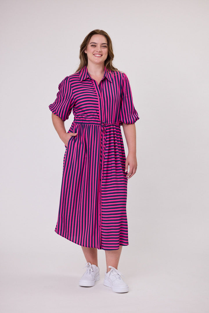 Sunday Boho Melanie Midi Dress Fuchsia Navy Stripe
