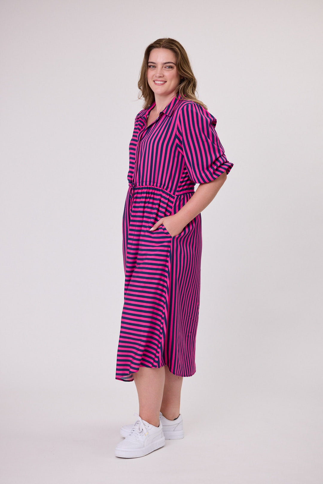 Sunday Boho Melanie Midi Dress Fuchsia Navy Stripe