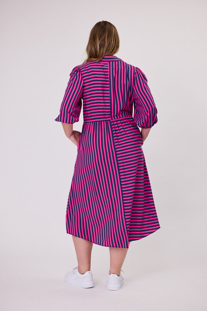 Sunday Boho Melanie Midi Dress Fuchsia Navy Stripe