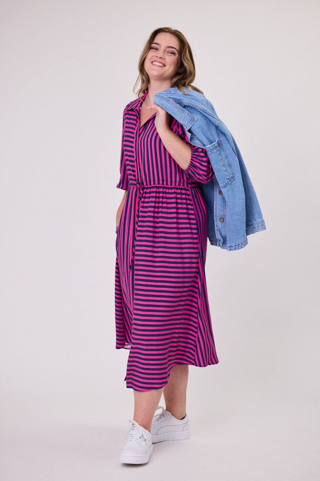 Sunday Boho Melanie Midi Dress Fuchsia Navy Stripe