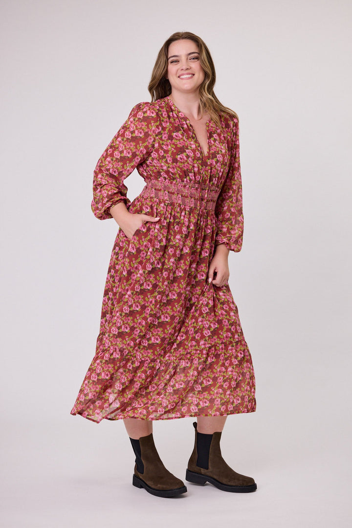 Gloss The Label Lindsay Shirred Waist Dress Wine Speckle Floral