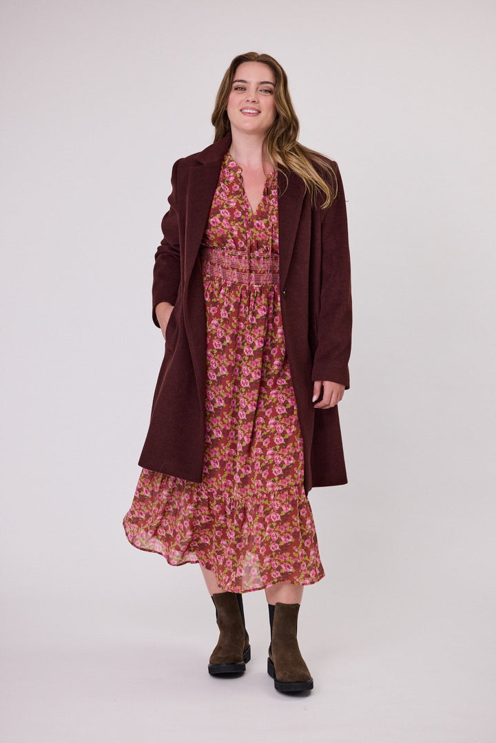 Gloss The Label Lindsay Shirred Waist Dress Wine Speckle Floral