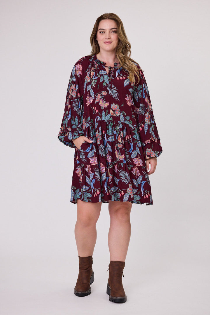 Sunday Boho Raglan Tie Dress Frill Detail Burgundy