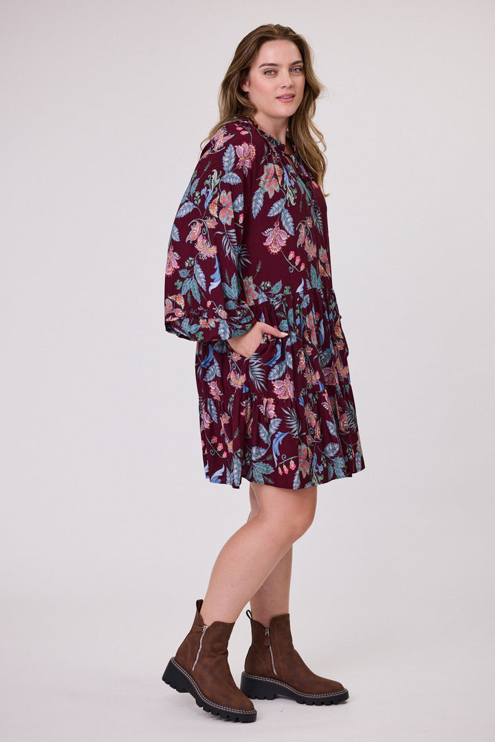 Sunday Boho Raglan Tie Dress Frill Detail Burgundy