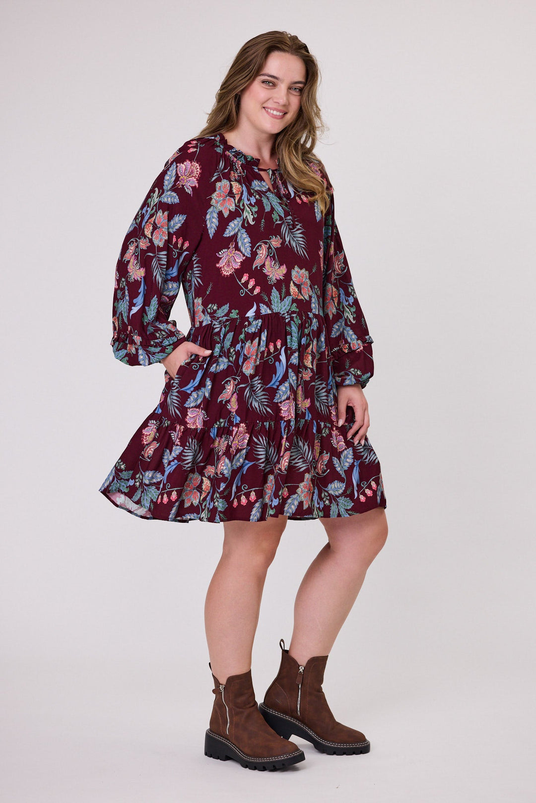 Sunday Boho Raglan Tie Dress Frill Detail Burgundy