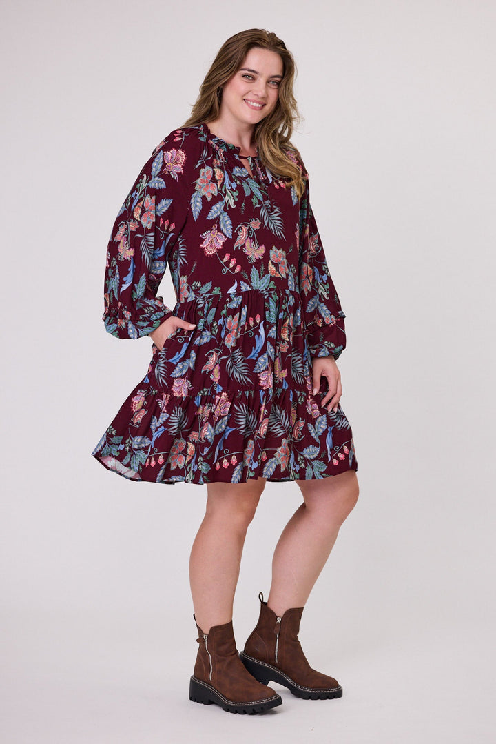 Sunday Boho Raglan Tie Dress Frill Detail Burgundy