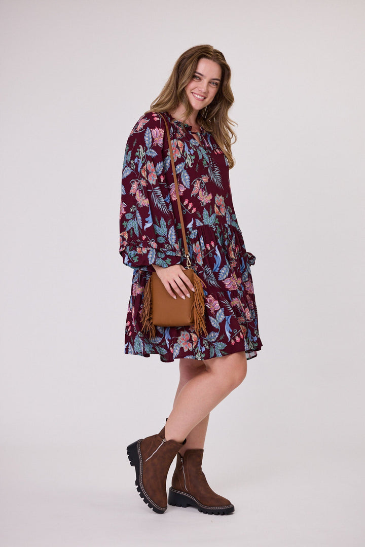 Sunday Boho Raglan Tie Dress Frill Detail Burgundy