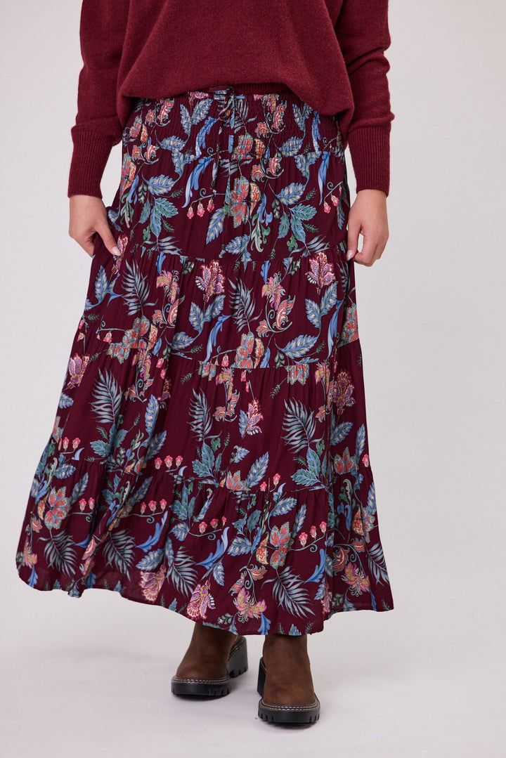 Sunday Boho Elaine Shirred Waistband Skirt Burgundy