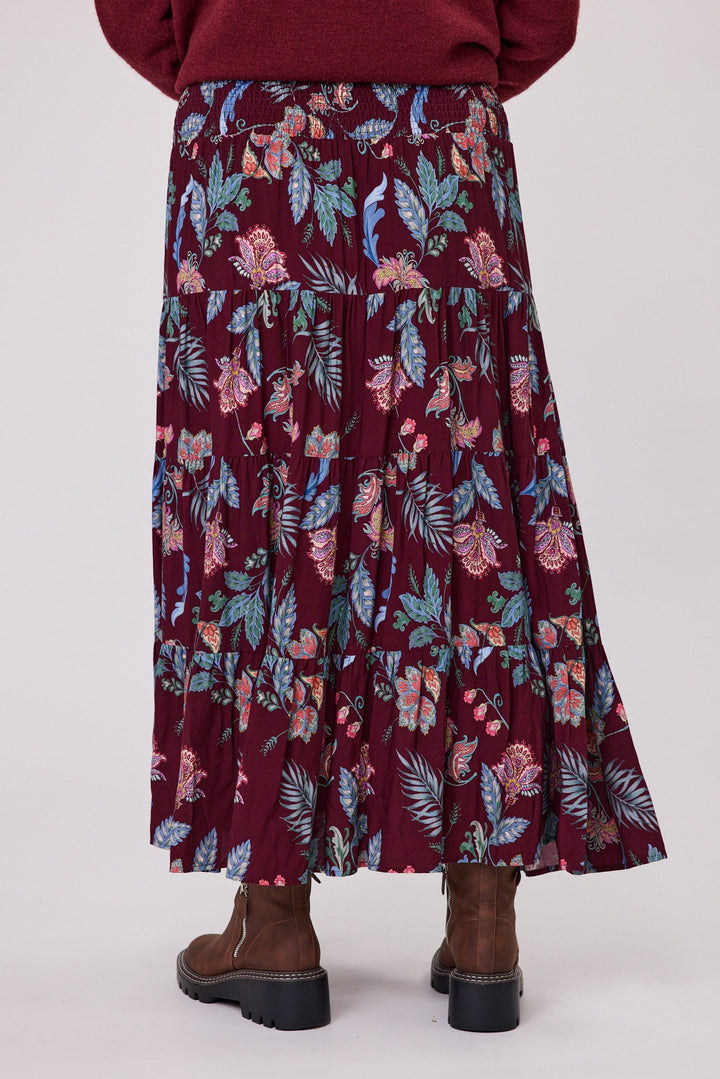 Sunday Boho Elaine Shirred Waistband Skirt Burgundy