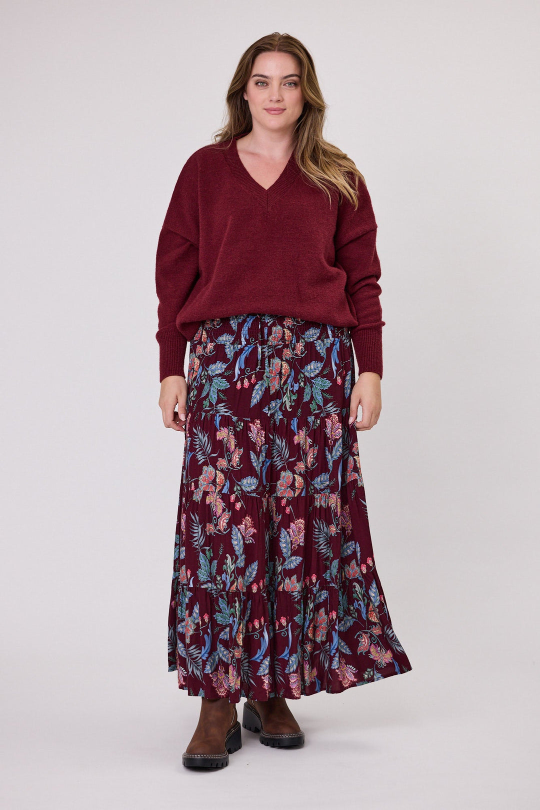 Sunday Boho Elaine Shirred Waistband Skirt Burgundy