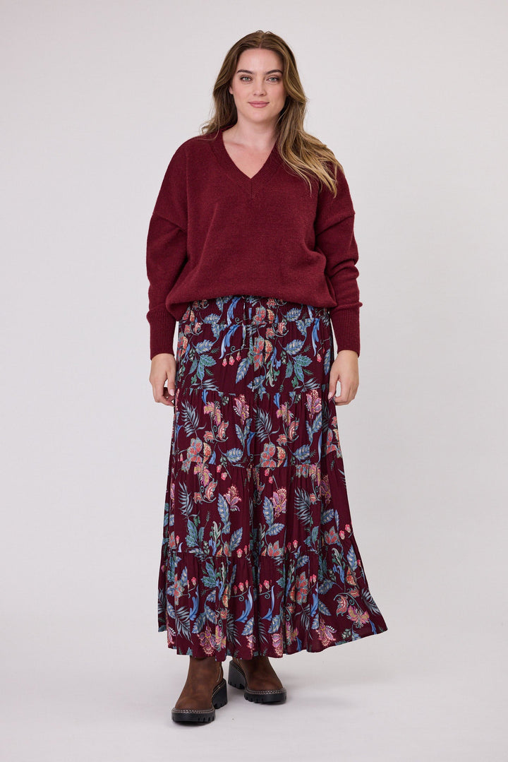 Sunday Boho Elaine Shirred Waistband Skirt Burgundy