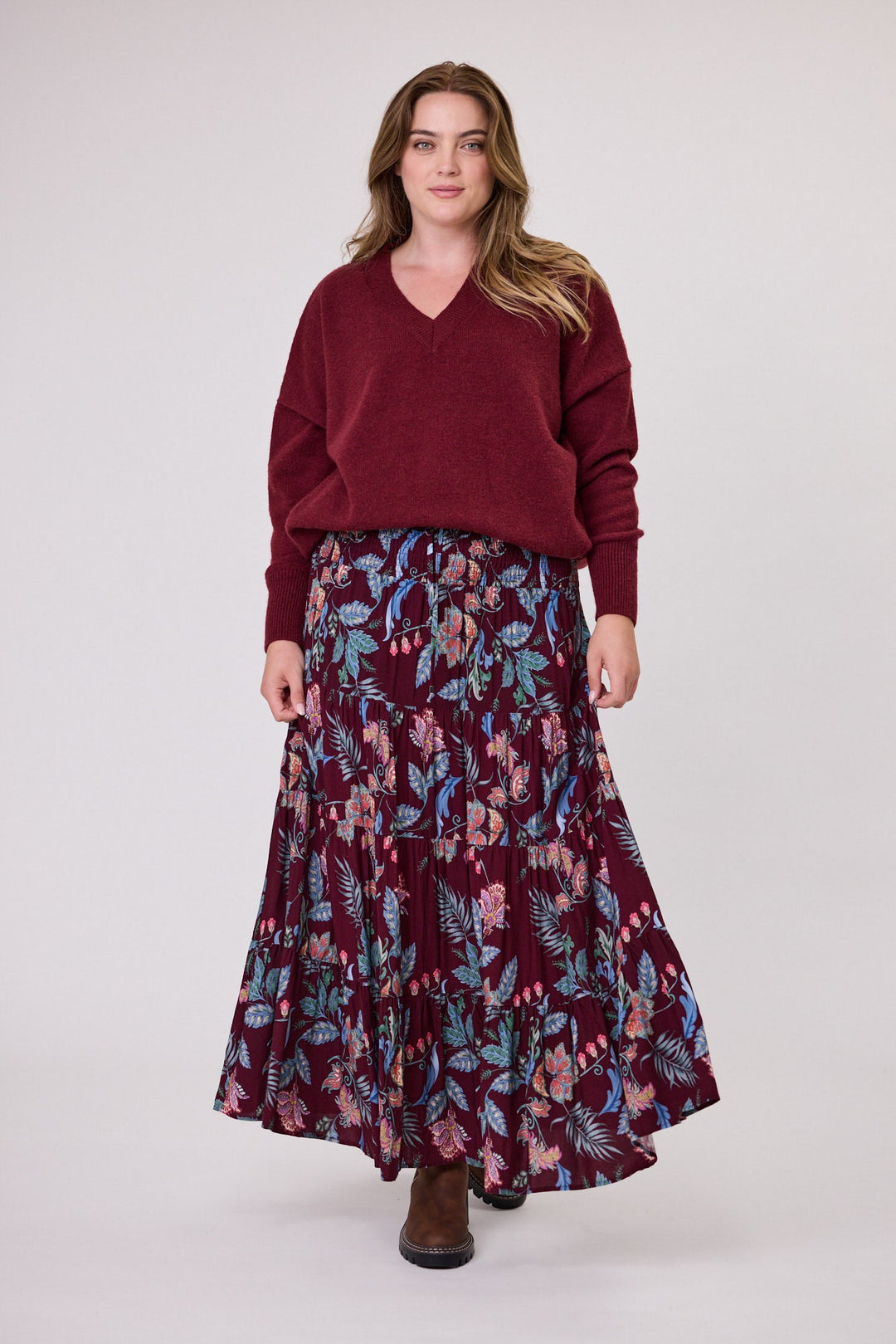 Sunday Boho Elaine Shirred Waistband Skirt Burgundy