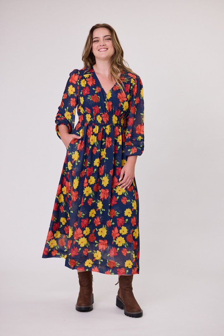 Gloss The Label Denzel V Neck Dress Flame Floral