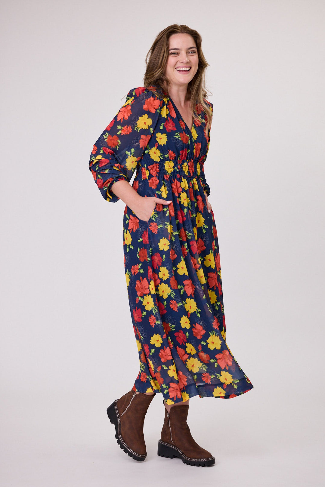 Gloss The Label Denzel V Neck Dress Flame Floral