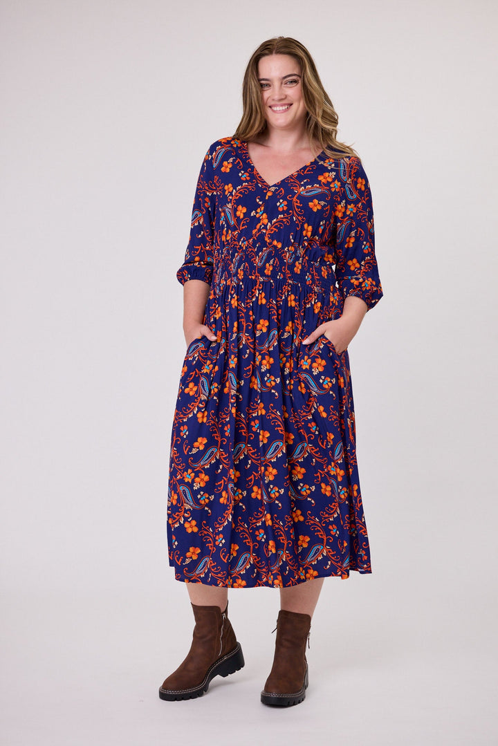 Shine On Label Fayrah Shirred Waist Dress Navy Paisley
