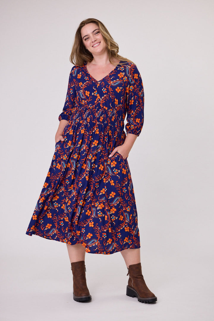 Shine On Label Fayrah Shirred Waist Dress Navy Paisley
