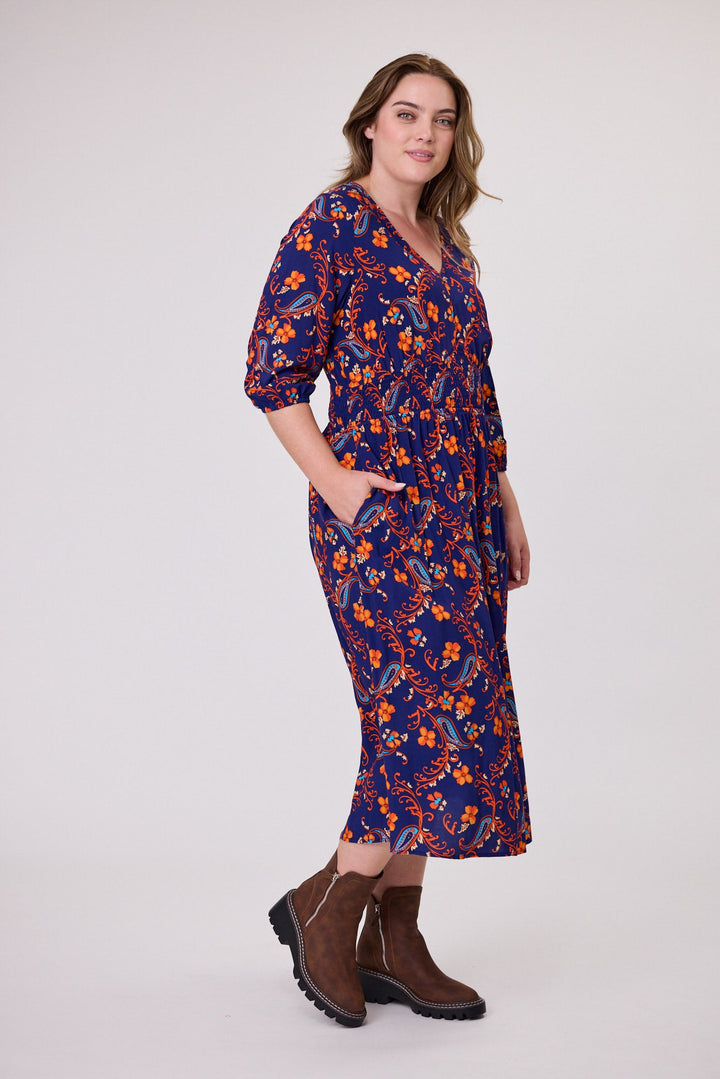 Shine On Label Fayrah Shirred Waist Dress Navy Paisley