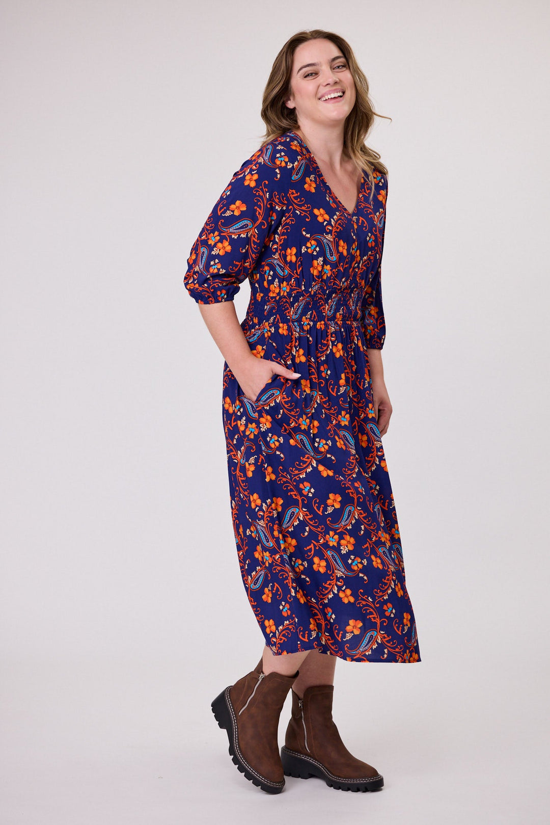 Shine On Label Fayrah Shirred Waist Dress Navy Paisley
