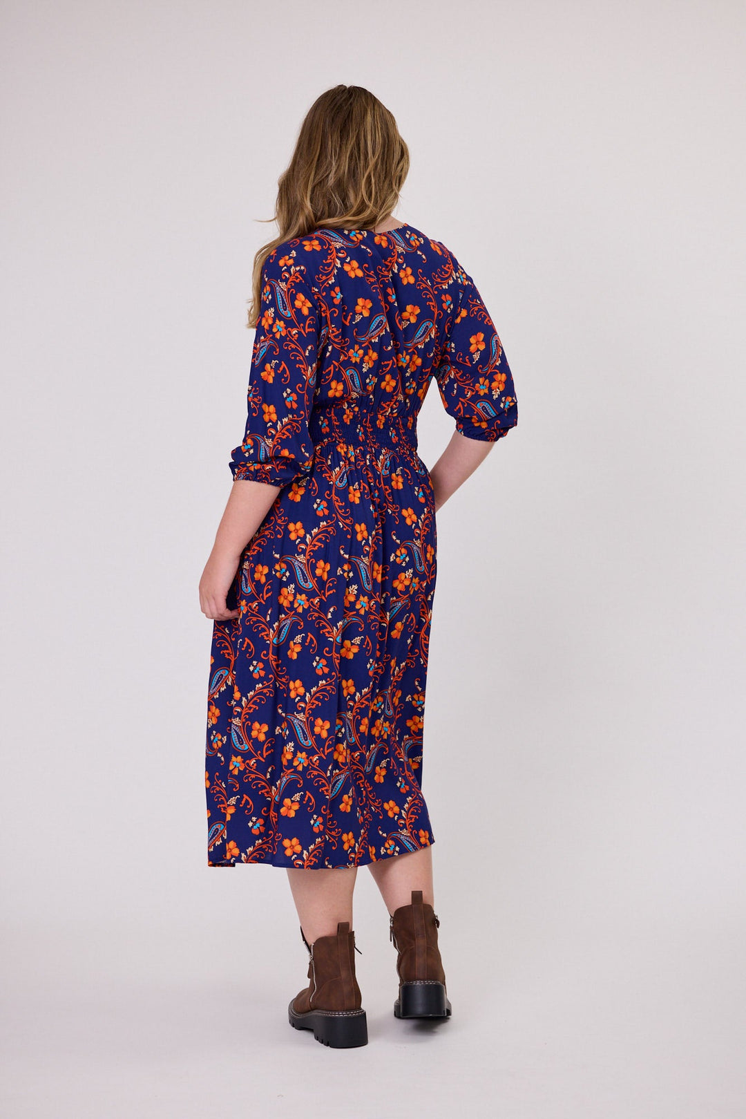 Shine On Label Fayrah Shirred Waist Dress Navy Paisley