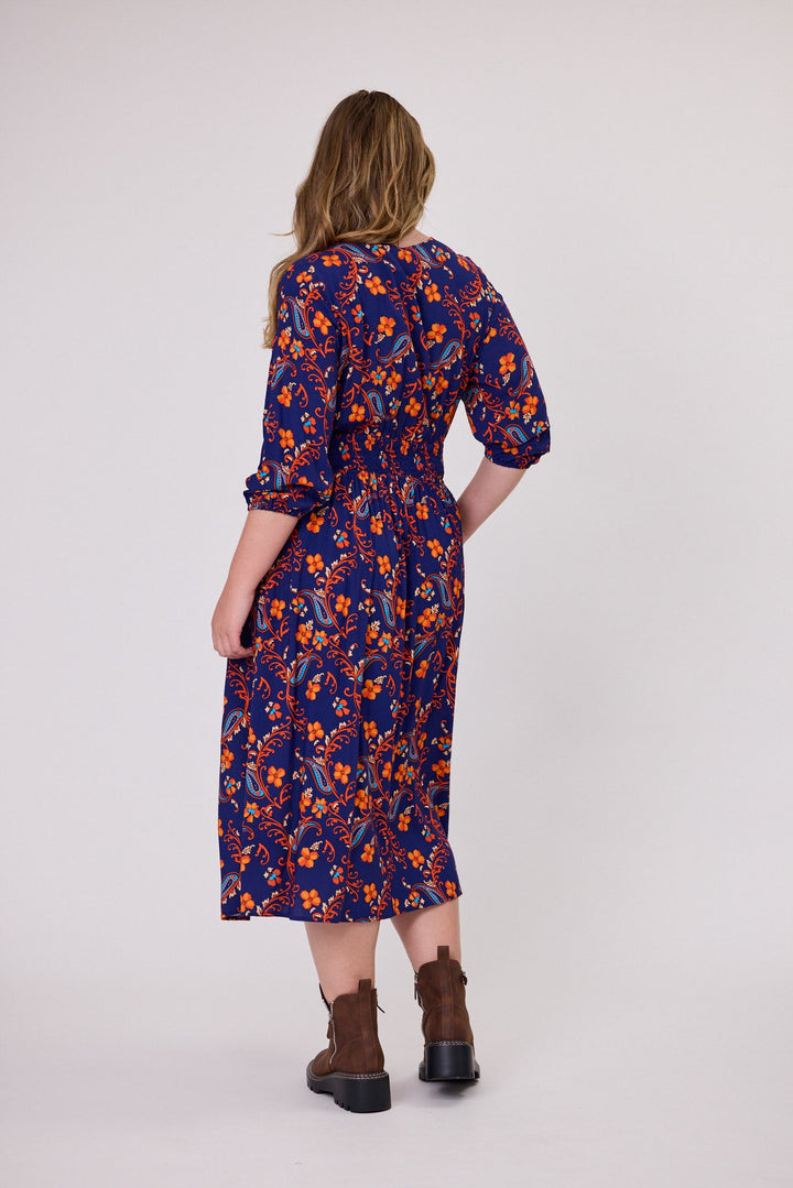 Shine On Label Fayrah Shirred Waist Dress Navy Paisley