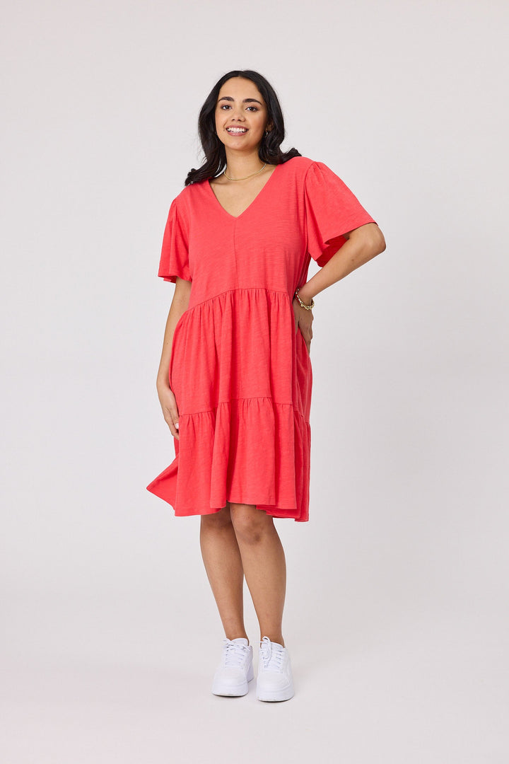 Essential Flutter Sleeve Dress Coral